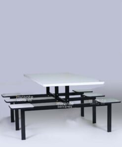 Mesa Refeitório 6 Lugares, Banco Fixo Individual, Estrutura Aço com Barra Alta