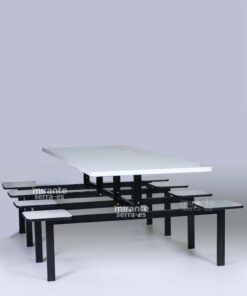 Mesa Refeitório 8 Lugares, Banco Fixo Individual, Estrutura Aço com Barra Alta