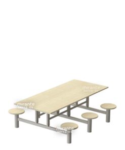 Mesa Refeitório 6 Lugares, Banco Acoplado Fixo Individual, Estrutura em Aço