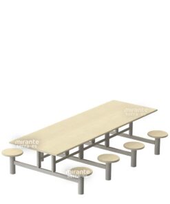 Mesa Refeitório 8 Lugares, Banco Acoplado Fixo Individual, Estrutura em Aço
